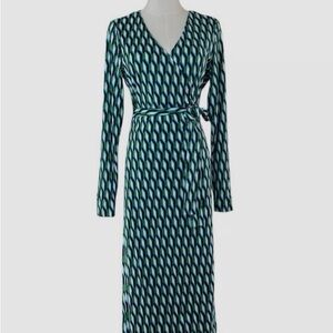 Diane Von Furstenberg Geometric Green and Blue Long Sleeve Dress